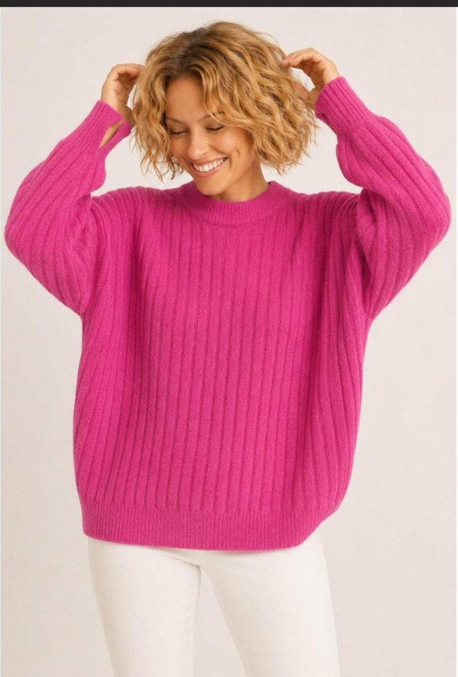 Aerie Buttercream Crew Sweater Hot Pink Fuzzy Ribbed Oversized Medium Cozy Fall